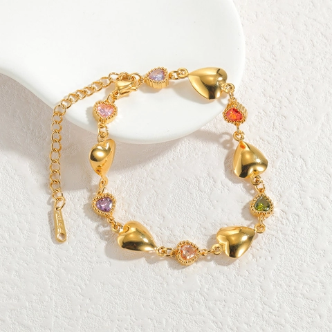 Bracciale Con Ciondoli A Cuore E Stella Acciaio Inossidabile Placcato Oro 18K Con Pietre Di Zircone Colorate Elegante