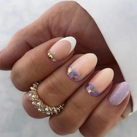 Faux Ongles Ovales Français Violet Taro Feuille Or Strass Paillettes Doux À La Mode Pour Femmes