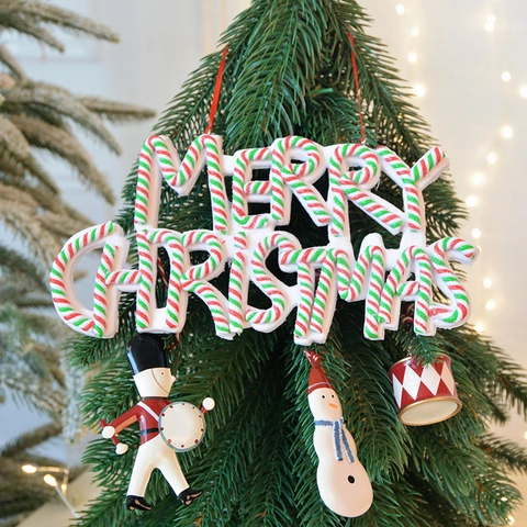 Merry Christmas Sign Hanging Ornament Soft Pottery Candy Cane Striped Letter Board For Christmas Tree Holiday Home Decor