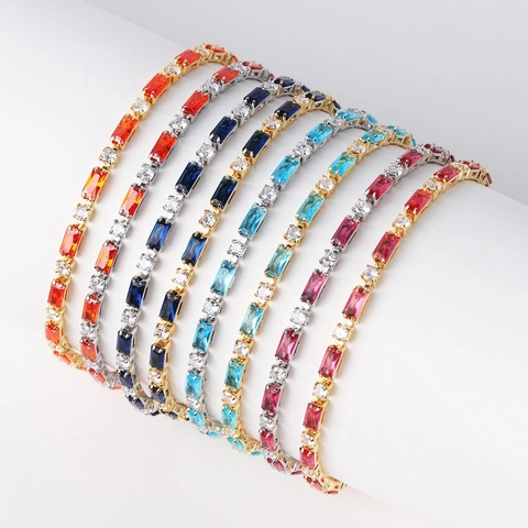 Colorful Zircon Tennis Bracelet Copper Gold Plated Rectangle Round Cubic Zirconia Chain Jewelry For Women