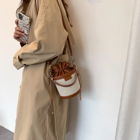 Women Bucket Bag Canvas PU Leather Color Block Drawstring Retro Minimalist Crossbody Shoulder Handbag Adjustable Strap
