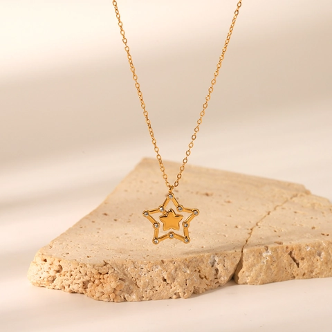 Collana Con Pendente A Stella In Acciaio Inossidabile Pentagramma Cavo Strass Catena Per Clavicola Gioielli Da Donna