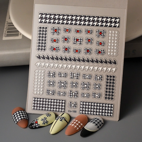 Autocollants Nail Art 5D Motifs Pied-De-Poule Nœud Strass Décalcomanies Style Français Manucure Autocollante Pour Femmes