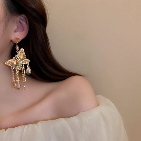 Butterfly Tassel Earrings With 925 Sterling Silver Earring Post Alloy Multicolor Rhinestone Crystal Retro Long Fringe