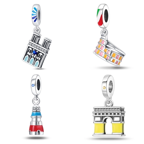 Dijes De Cuentas De Arquitectura Cobre Plateado 925 Plata Esmalte Circón Luminoso Brilla En La Oscuridad Para Hacer Joyas Pulsera DIY