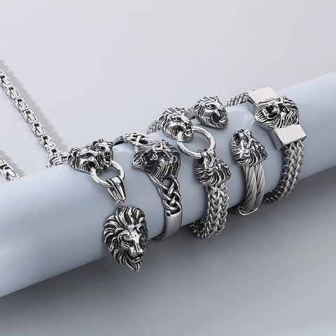 Men's Stainless Steel Lion Head Byzantine Chain Necklace And Open Cuff Bangle Retro Punk Hip Hop Gothic Jewelry
