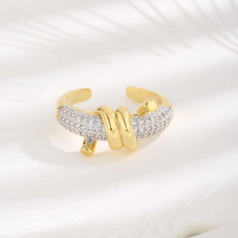 Anillo Abierto De Nudo Entrelazado Cobre Chapado En Oro Pavé Circón Banda Ajustable Elegante Moda Para Mujeres