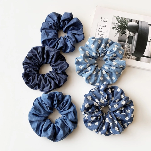 Large Denim Fabric Scrunchies Floral Embroidery Hair Ties Solid Blue High Elastic Ponytail Holder For Women Girls