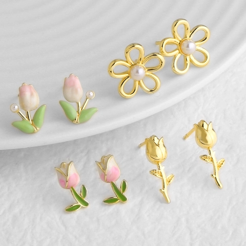 Vintage Verguld Koper Emaille Tulp Bloem Oorknopjes Elegante Nep Parel Roos Sieraden Voor Vrouwen Dagelijks Feest