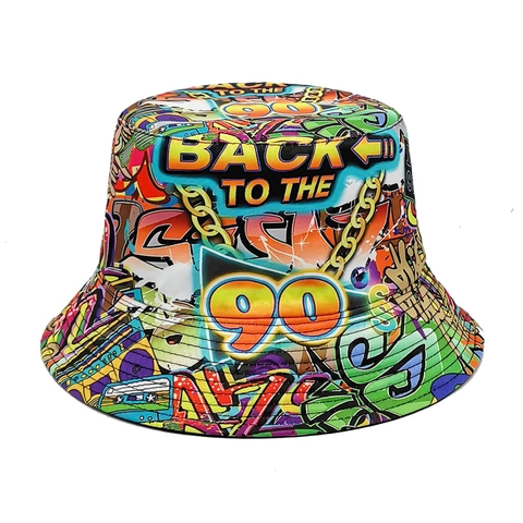 Retro Vissershoed Jaren 90 Graffiti Print Polyester Kleurrijk Streetwear Vintage Disco Party Zonnehoed Voor Heren Dames