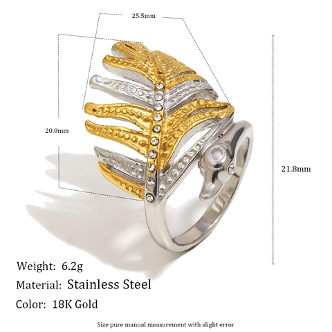 Blad Ring Roestvrij Staal 18K Verguld Tweekleurig Zirkonia Holle Veer Sieraden Vrouwen Elegant Vintage Luxe