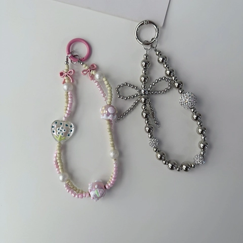 Cinturino per Telefono in Perline di Acrilico Stile Coreano Con Sfera di Strass Fiocco Cuore Pendente Floreale Ciondolo