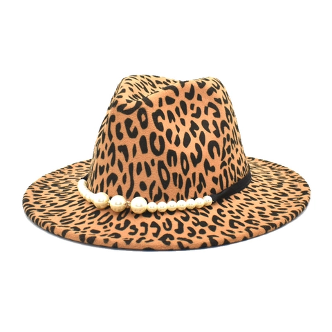 Women Leopard Print Woolen Fedora Hat With Faux Pearl Ribbon Band Vintage Wide Brim Jazz Felt Hat Fashion Sun Protection Warm Hat
