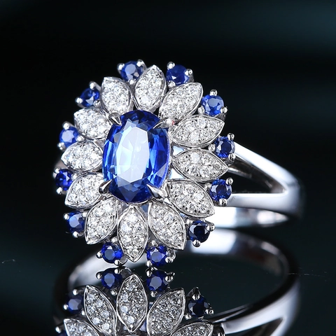 Luxury Flower Cluster Ring Copper Faux Sapphire Emerald Ruby Zircon Adjustable Open Band Vintage Jewelry Women