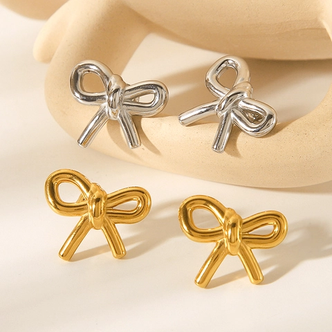 Bow Knot Stud Earrings 18K Gold Plated Stainless Steel Geometric Ribbon Style Elegant Trendy Fashion Jewelry For Women