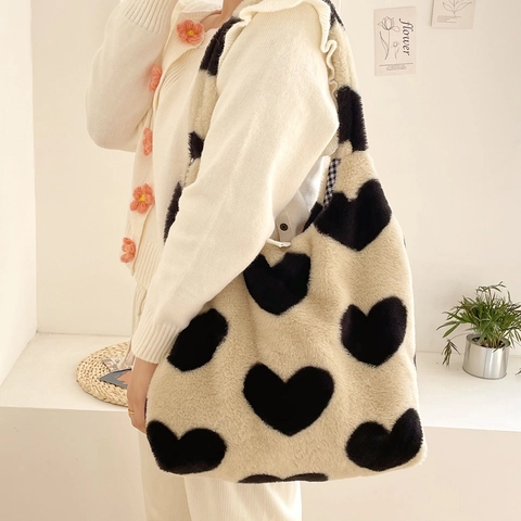 Sac Fourre-Tout En Peluche Grande Capacité Fausse Fourrure Motif Coeur Sac À Main Épaule Hiver Décontracté Pour Femmes