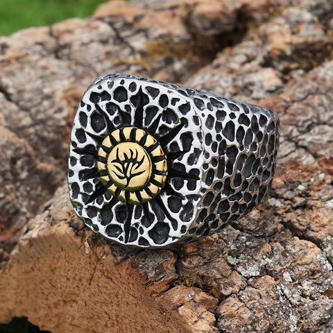 Vintage Siegelring Edelstahl Gold Bi-Color Blumen Totem Grübchen Textur Distressed Retro Punk Schmuck Für Damen Herren