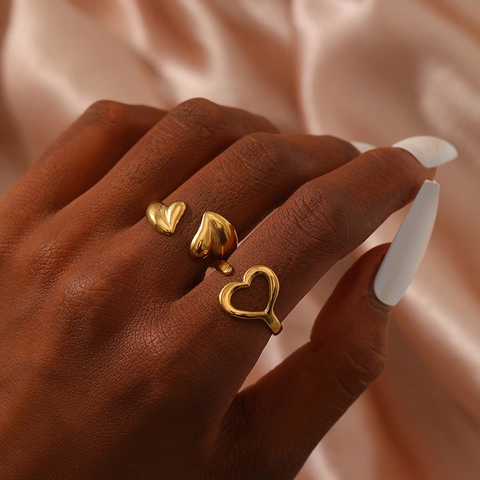 Heart Shaped Finger Ring Stainless Steel Gold Plated Adjustable Open Design Minimalist Elegant Jewelry Women