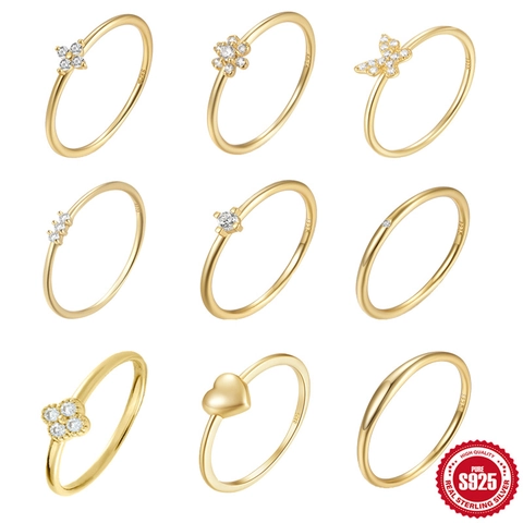 Dainty Ring 925 Sterling Silver 18K Gold Plated Zirconia Heart Butterfly Clover Minimalist Fashion Jewelry For Women