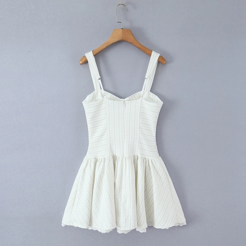 Weißes Camisole Minikleid Spitzenbesatz Floral Jacquard Streifen Französischer Süßer Stil Schleife A-Linie Slipkleid