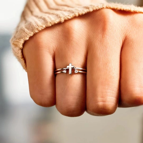 925 Sterling Silver Open Ring For Women With Cross Design Double Layer Inlaid Zircon Vintage Simple Adjustable Finger Jewelry