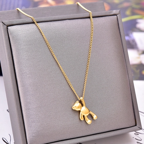 Cute 3D Bear Pendant Necklace Titanium Steel 18K Gold Plated Polished Cartoon Animal Jewelry For Women