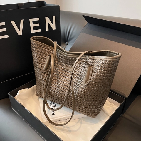 Woven Tote Bag Women Large Capacity PU Leather Commuter Handbag Elegant Zipper Shoulder Bag Minimalist Vintage Style