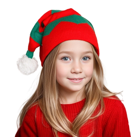Gebreide Kerst Elfenmuts Rood Groen Gestreept Wollen Winter Feest Kostuum Met Pompon Voor Volwassenen Kinderen