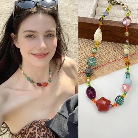 Beaded Choker Necklace Colorful Ceramic Resin Glass Beads Star Heart Pendants Handmade Bohemian Y2K Style Women Jewelry