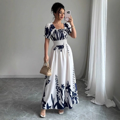 Women Floral Print Maxi Dress Square Neck Puff Sleeve Smocked High Waist Summer Vacation Holiday A-Line
