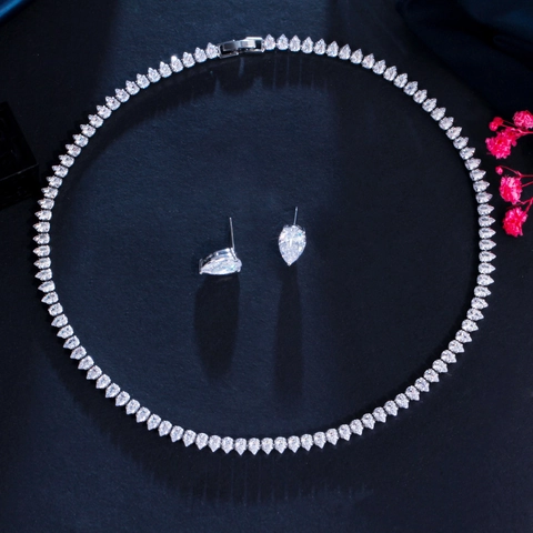 Luxury Pear Cut Zirconia Jewelry Set Copper Electroplated Tennis Necklace And Water Drop Earrings Bridal Wedding Jewelry