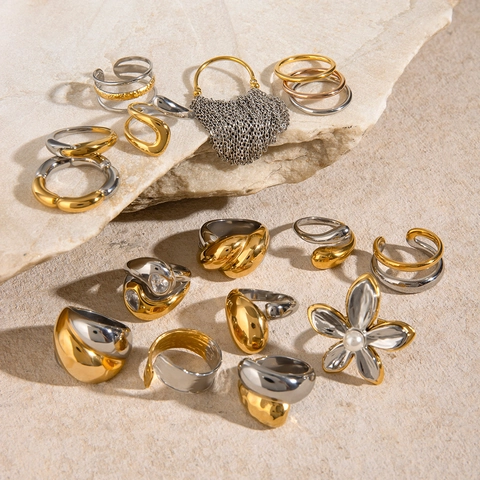 Two Tone Stainless Steel Rings For Women Flower Shape Faux Artificial Pearl Zircon Tassel Open Adjustable Modern Jewelry