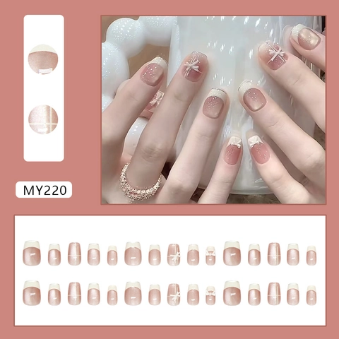 Uñas Postizas French Tip Efecto Ojo De Gato Con Lazo 3D Forma De Bailarina ABS Uñas Artificiales Estilo Dulce