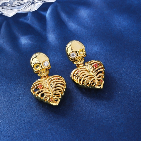 Orecchini Pendenti Gotici con Teschio e Costole a Cuore Oro Rame Zirconia Intarsiato Gioielli Punk per Donna Accessorio Moda