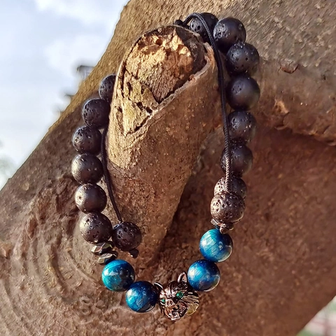 Wolf Head Natural Tiger Eye Stone Obsidian Lava Rock Beaded Bracelet Adjustable Cord Ethnic Fashion Jewelry For Men