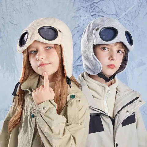 Chapeau Aviateur Enfant Tricot Doublure Polaire Hiver Chaud Coupe-Vent Protection Oreilles Lunettes Style Pilote Garçons Filles