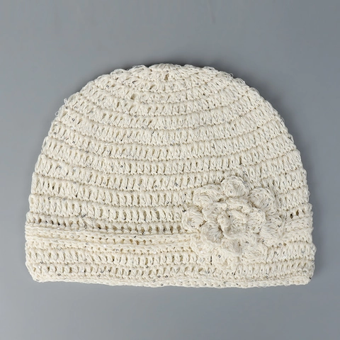 Bonnet Crochet En Fil De Coton Fleur De Camélia 3D Paillettes Brillantes Respirant Élégant Chaud Hiver Pour Femmes