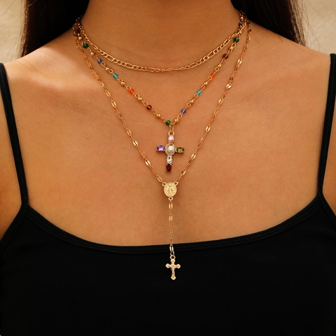 Collier Multi-Rangs Avec Pendentif Croix Alliage De Zinc Strass Perles Colorées Style Bohème Religieux Pour Femme