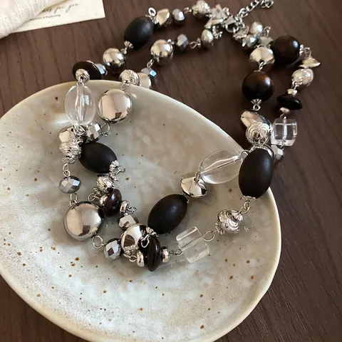 Retro Double Layer Beaded Necklace With Wood Glass And Metal Beads Geometric Round Niche Design For Women
