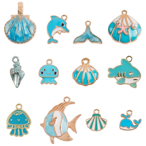 Ozean Thema Emaille Legierung Charms Muschel Delfin Fisch Anhänger Vergoldet DIY Schmuckherstellung Zubehör