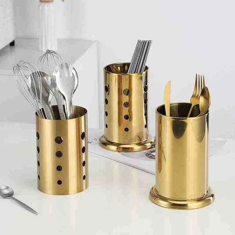 Stainless Steel Chopstick Holder Golden Cutlery Organizer Hollowed Drainage Kitchen Countertop Storage Rack With Base