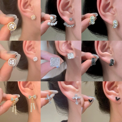 Minimalist Geometric Square Stud Earrings For Women Alloy Rhinestone Halo Bowknot Heart Cross Fashion Trendy Jewelry Gift