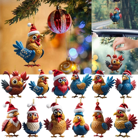 Christmas Rooster Chicken Ornaments Acrylic Cartoon Animal Pendants For Christmas Tree Home Car Decor Holiday Party Gift
