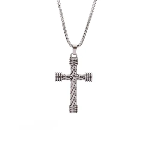 Stainless Steel Box Chain Necklace With Alloy Textured Cross Pendant Hip Hop Street Style Jewelry For Men And Women