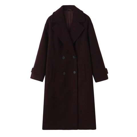 Women Elegant Long Woolen Coat Double Breasted Lapel Solid Color Autumn Winter Warm Outerwear Jacket With Pockets
