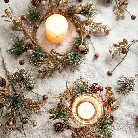 Christmas Wreath Garland Floral Picks Shiny Golden Glitter Pine Cones Pine Needles For Holiday Table Candle Home Decoration