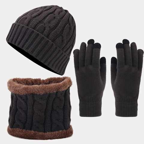 Gorro De Invierno Bufanda Guantes De Punto De Cable Forro Polar Térmico Grueso Pantalla Táctil Color Sólido Para Exterior