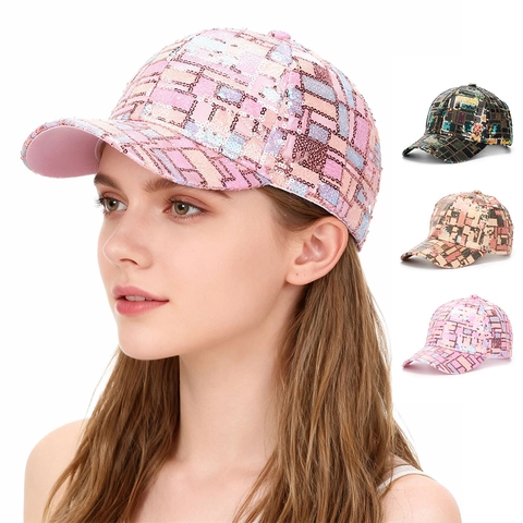 Sequined Checkered Baseball Cap Fashion Polyester Sun Protection Adjustable Streetwear Hat For Women