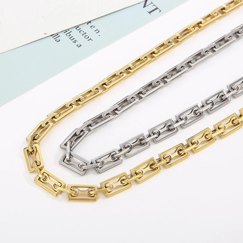 Geometric Rectangle Link Chain Necklace Stainless Steel Industrial Style Neutral Fashion Jewelry For Men Women