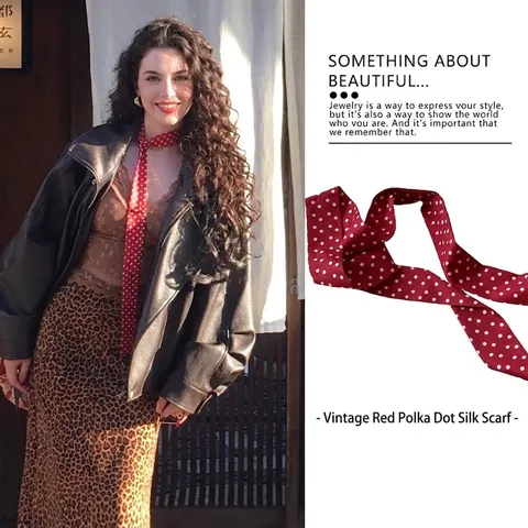 Retro Polka Dot Red Satin Like Fabric Neck Scarf Necklace Long Satin Ribbon Fashion Accessory For Women